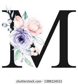 Letter M Floral Letterhead Alphabet Watercolor Stock Illustration