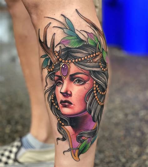 Artemis Goddess Colorful Leg Tattoo Tattoogoto