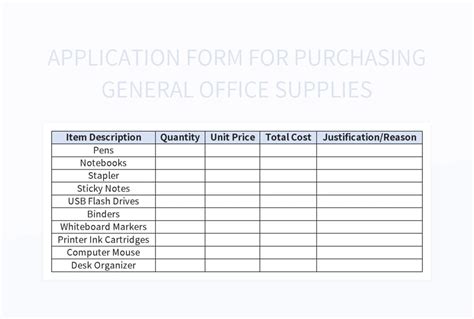 Application Form For Purchasing General Office Supplies Excel Template