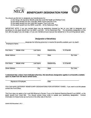 Fillable Online BENEFICIARY DESIGNATION FORM Ibew Local 309 Fax Email