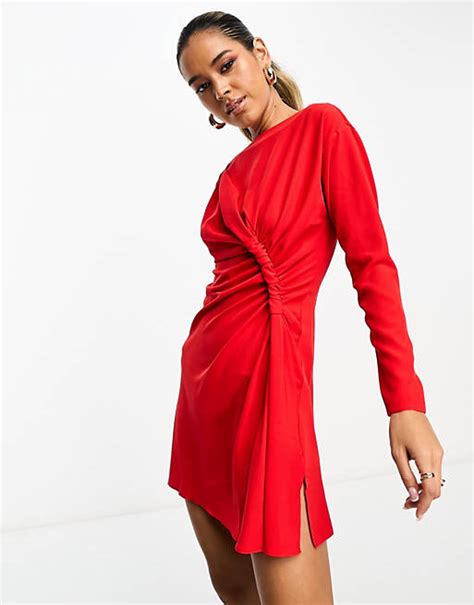 Asos Design Slash Neck Knot Detail Mini Dress In Red Asos