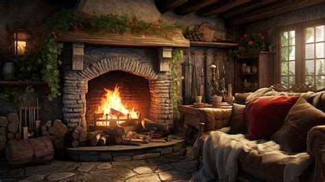 Premium Photo | Cottage Interior with a Fireplace