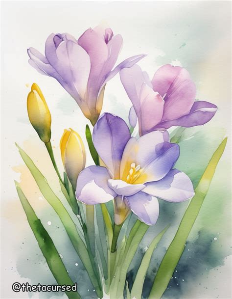 A Watercolor Painting Of Purple And Yellow Flowers Acuarela Floral