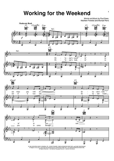 Working For The Weekend" Sheet Music by Loverboy for Piano/Vocal/Chords - Sheet Music Now