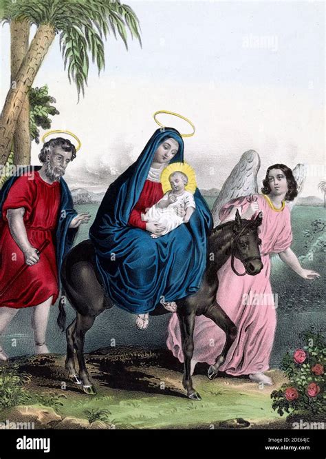 La Vierge Marie Et L Enfant J Sus Sur L Ne Conduit Par Un Ange Joseph