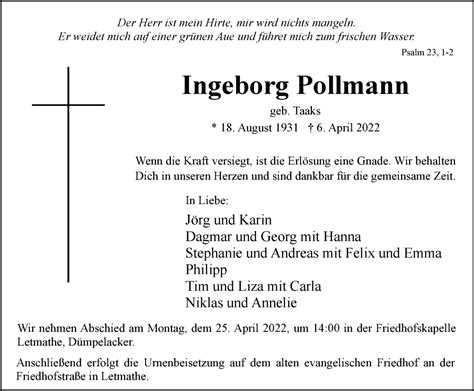 Traueranzeigen Von Ingeborg Pollmann Trauer In NRW De