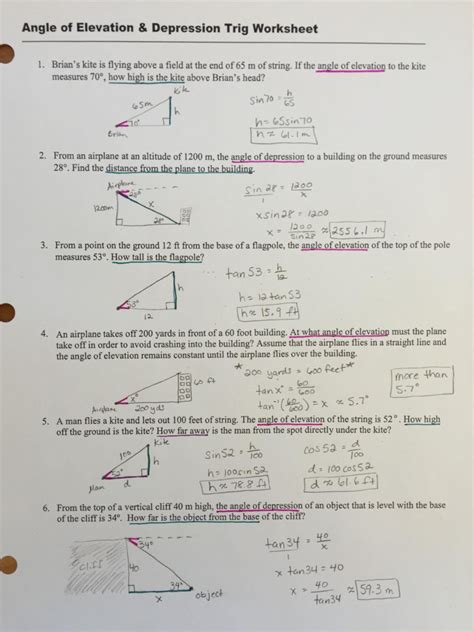 Trigonometry Angles Of Elevation And Depression Worksheet Printable