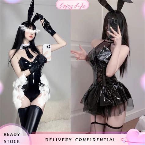 Sexy Lingerie Women S Patent Leather Bodysuit Side Hollowed Out Bunnies Uniform Set Shopee