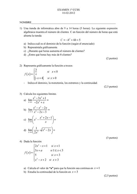 2ª Eval Examen 1 Funciones Elementales Límites Y Continuidad Examen 1º Ccss 10 02 2012