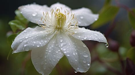 Fundo Uma Flor Clematis Branca Coberta De Gotas De Gua Fundo Clematis