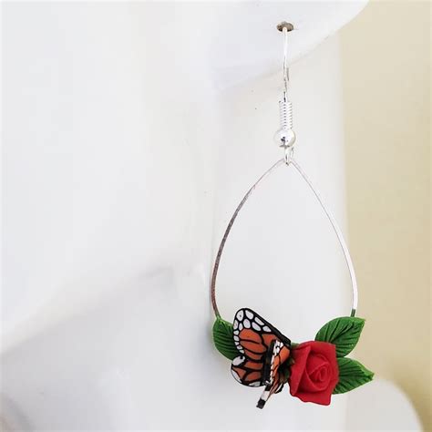 Butterfly Rose Dangle Hoop Earrings