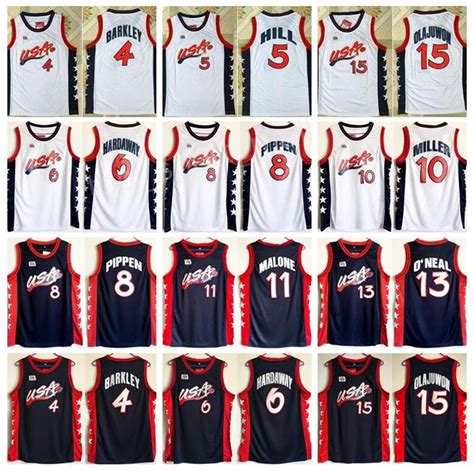 2019 1996 USA Dream Team Jerseys Basketball 15 Hakeem Olajuwon 6 Penny ...