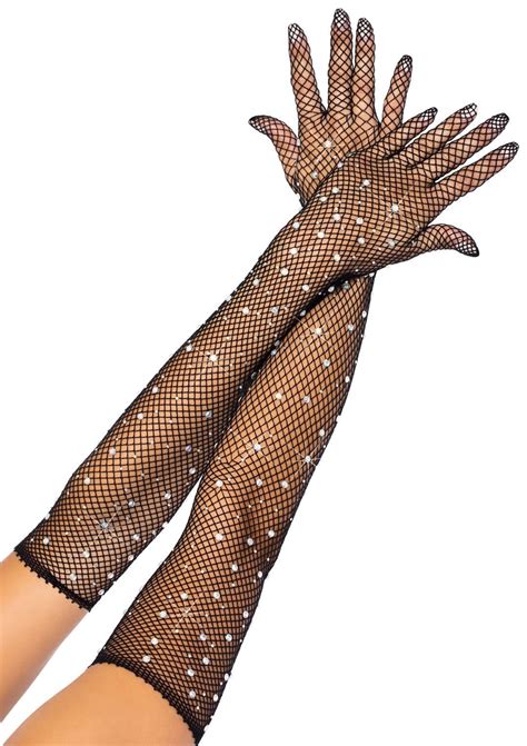 Black Fishnet Rhinestone Gloves By Leg Avenue Os Long Elegant Etsy