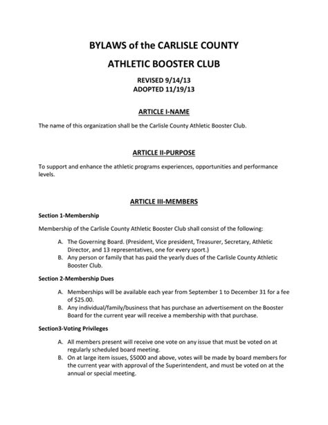 Editable Bylaws Of The Carlisle County Athletic Booster Club Revised