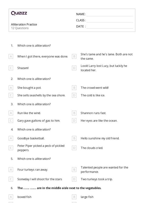 Alliteration Worksheets For Th Grade On Quizizz Free Printable