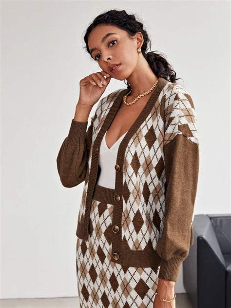 Argyle Drop Shoulder Button Up Cardigan Shein Usa In 2021 Cardigan