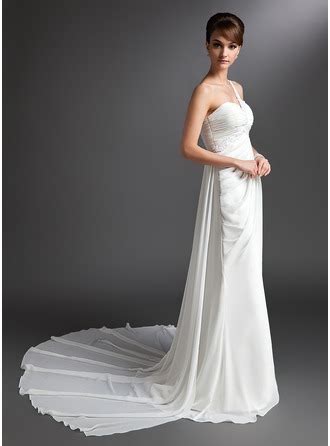 Sheath Column One Shoulder Watteau Train Chiffon Wedding Dress With