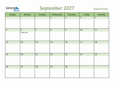 September 2027 Monthly Calendar with United States Holidays