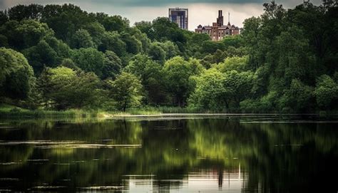 Tranquilo reflejo de un árbol en el agua del estanque generado por ia