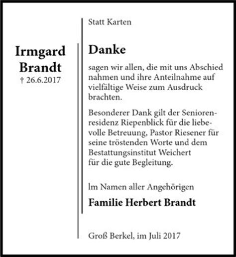 Traueranzeigen Von Irmgard Brandt Trauerportal Ihrer Tageszeitung