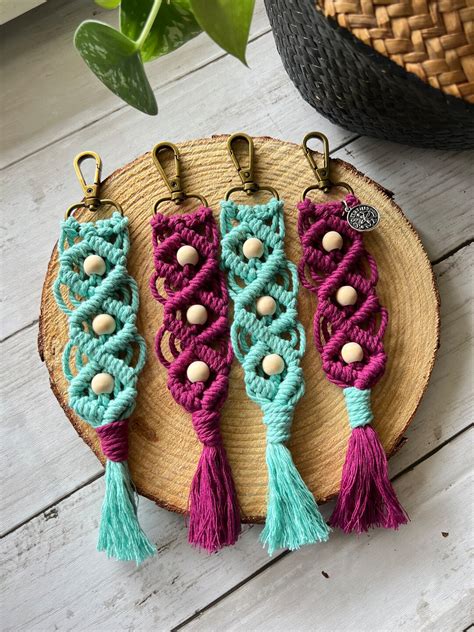 Macrame Keychain With Beads Purple And Teal Optional Zodiac Charm Etsy