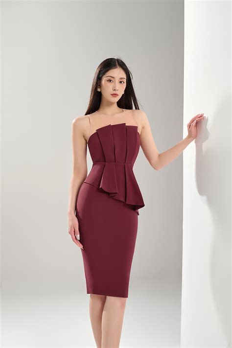 Simone Pleated Peplum Dress In Wine Red Chello