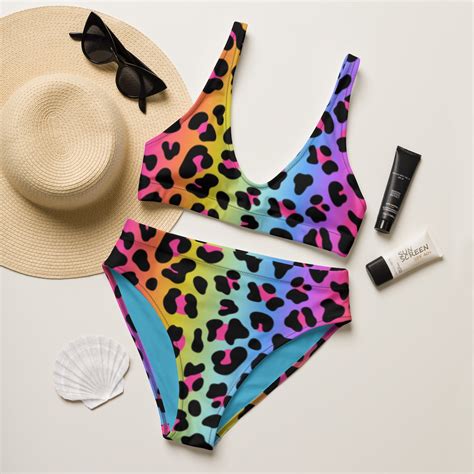 Rainbow Leopard Cheetah Print Bikini 90s Theme Bachelorette Party High Waisted Swim Suit Y2K