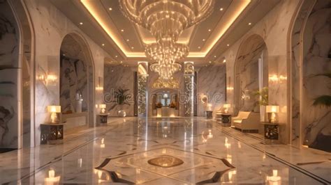 A Large Lobby In A Luxurious Hotel Featuring A Stunning Chandelier And