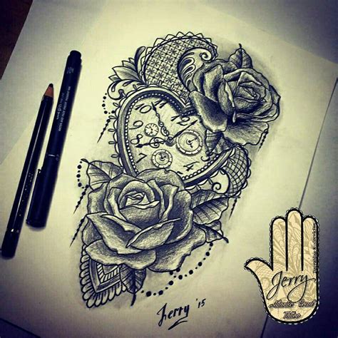 Heart Shape Pocket Watch And Rose Tattoo Design Idea With Lace And