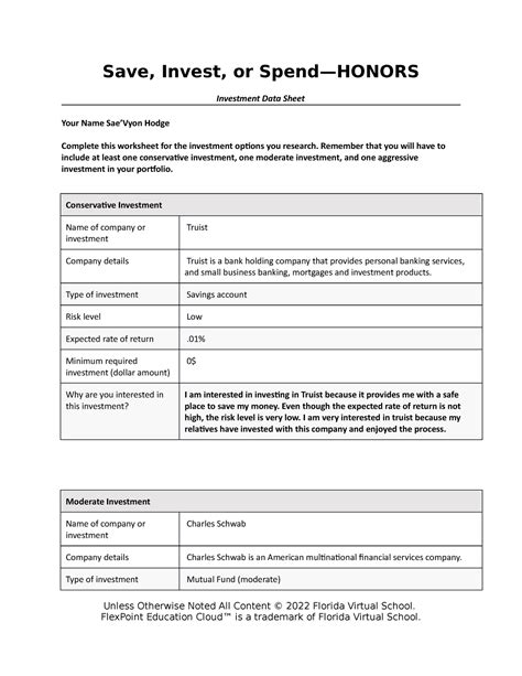 Investment Honors Data Sheet Template Save Invest Or Spendhonors