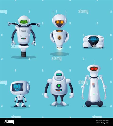 Robot and ai machine cartoon characters. Vector white robotic toys, future technology cyborgs ...