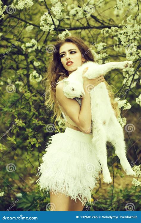 Woman With Goat In Blossom Stock Photo Image Of Goat 132681246