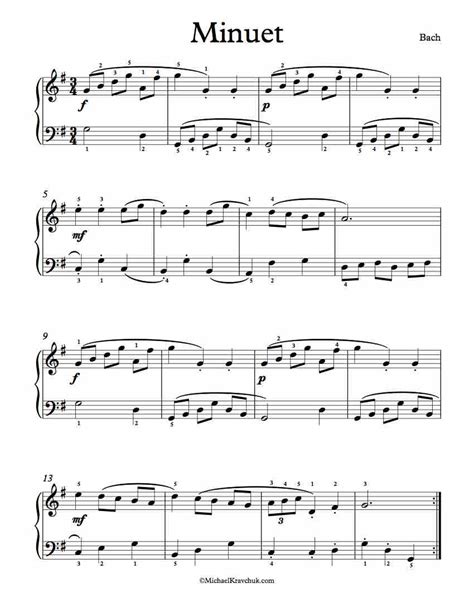 Free Piano Sheet Music Minuet Bach Michael Kravchuk