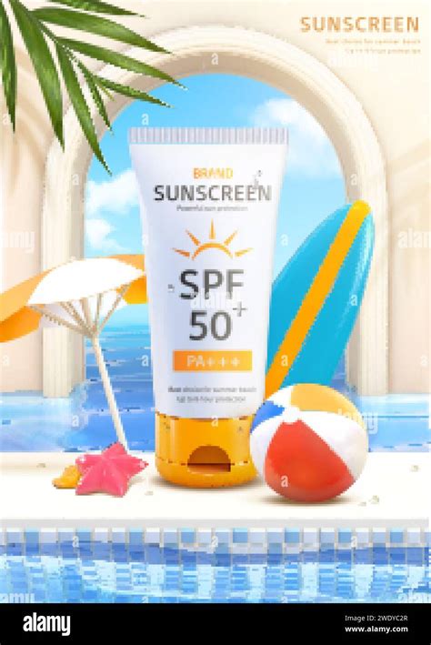 3d Summer Poolside Sunscreen Ad Illustration Of Sunblock Tube Product