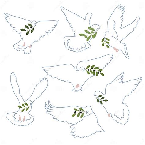 White Dove Of Peace With Olive Branch Vector Set Stock Vector