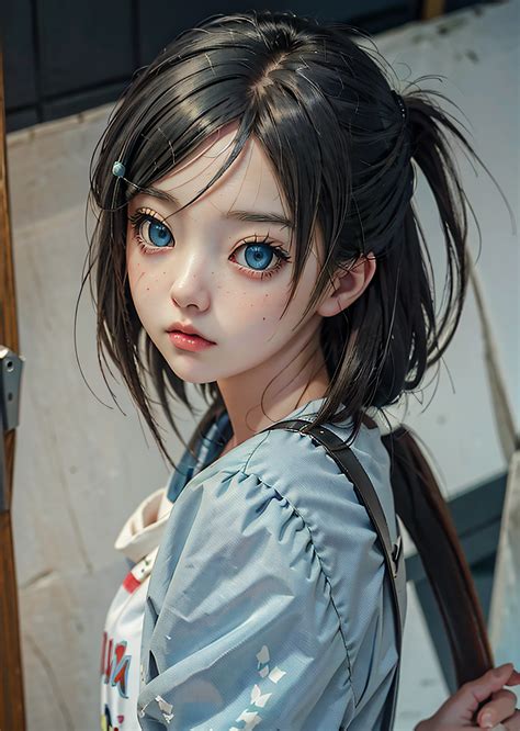 Anime Girl With Blue Eyes And Backpack Standing By The Sea Kawaii Realistic Portrait Anime