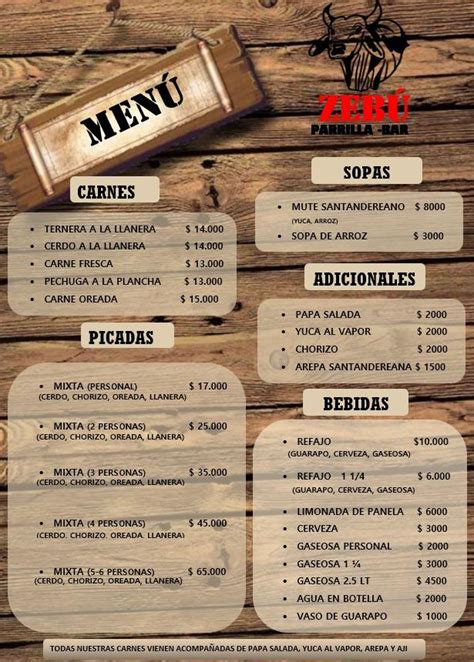 Menu At Carne A La Llanera Rancho Parrilla ZebÚ Colombia