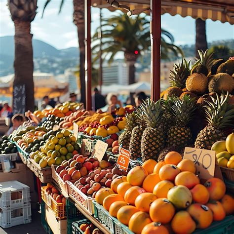 Vendedores de frutas que venden frutas exóticas en un mercado en niza