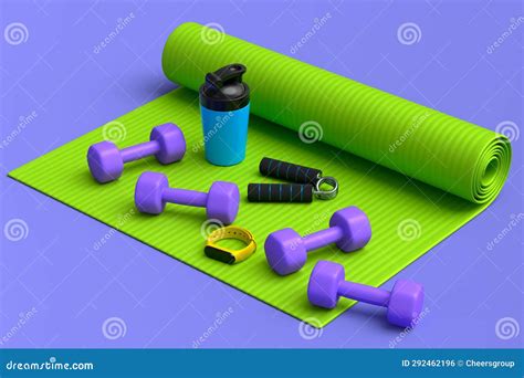 Isometric View Of Sport Equipment Like Dumbbell Water Bottle And Yoga