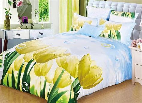 Exquisite Yellow Tulips Print 4 Piece Cotton Duvet Cover Sets Duvet