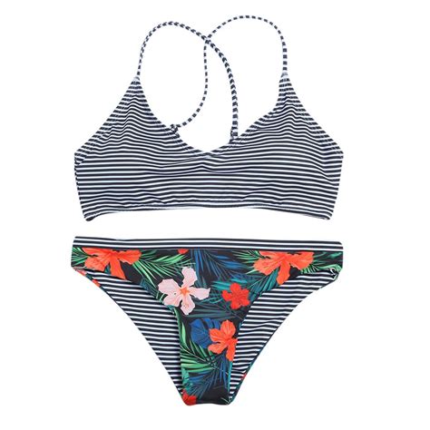 Sexy Spaghetti Strap Backless Padded Stripe Floral Print Women Bikini