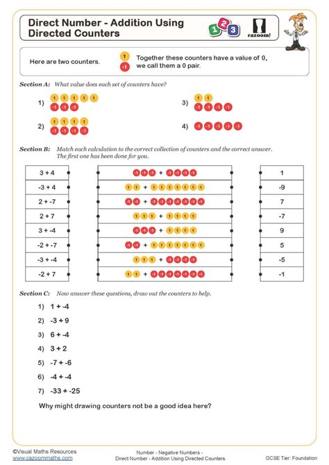 Directed Number - Addition Using Directed Counters Worksheet | Cazoom Maths Worksheets