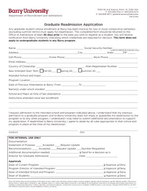 Form Barry University Graduate Readmission Application Fill