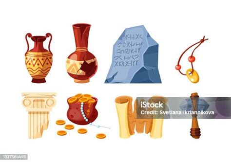 Ilustrații De Stoc Cu Set De Artefacte Arheologice Antice Amforă Scenariu Papirus Desene