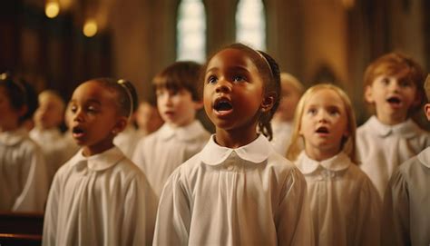 Coro de niños cantando en la iglesia con ropa tradicional de coro Niños