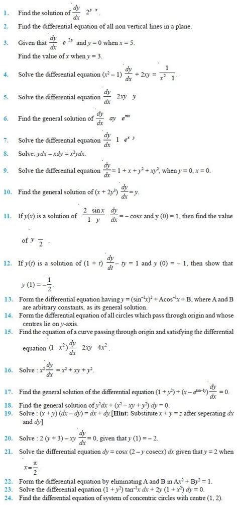 Class Important Questions For Maths Differential Equations Cbse