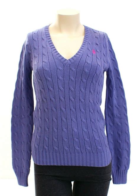 Ralph Lauren Sport Purple V Neck Cable Knit Cotton Sweater Women S