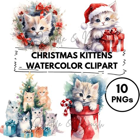 Christmas Kittens Clipart Watercolor Kitties Kittens Png Etsy