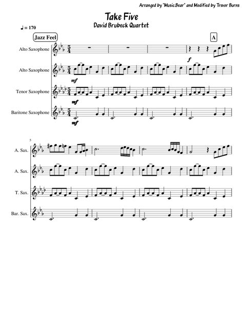 Take Five Sax Quartet Aatb Sheet Music For Alto Saxophone Tenor