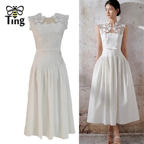 Tingfly New Arrivals Flower Embroidery Appliques White Color Slim Midi